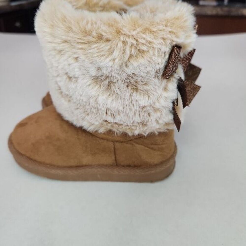 First Steps Slipper Boots Kids Size 8 Brown Cream Ankle Faux Fur Soft Sole Cozy